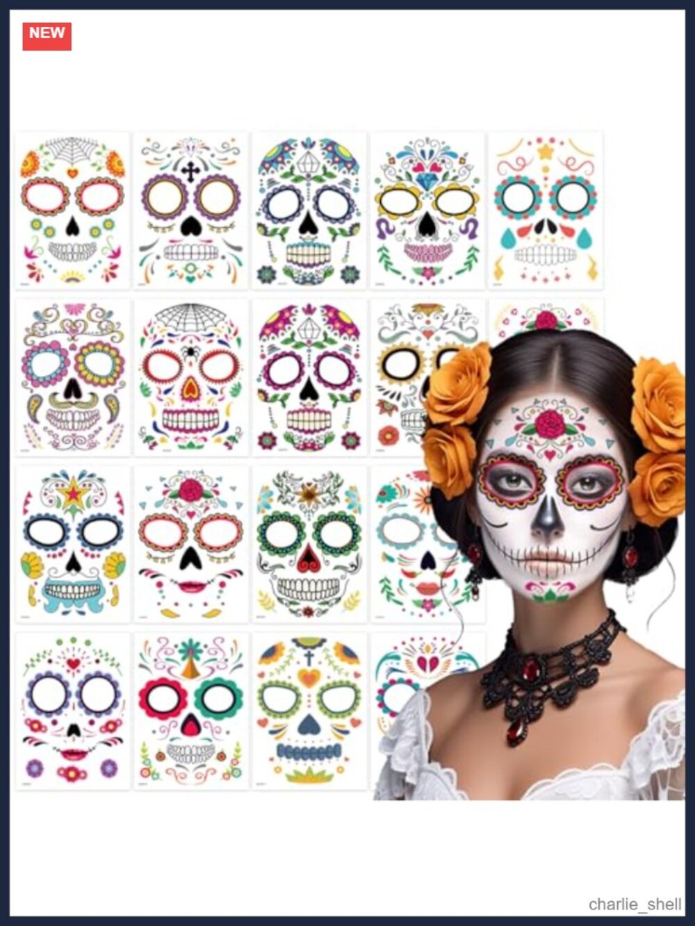 18 Pack Day of the Dead Sugar Skull Catrina Temporary Tattoos